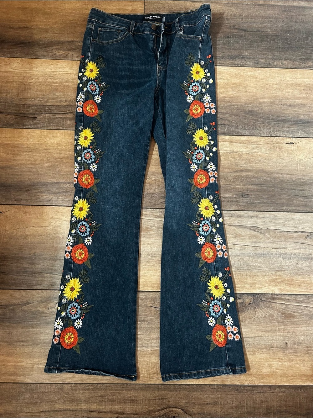 Dark Blue Flare Jeans with Multicolor Floral Embroidery